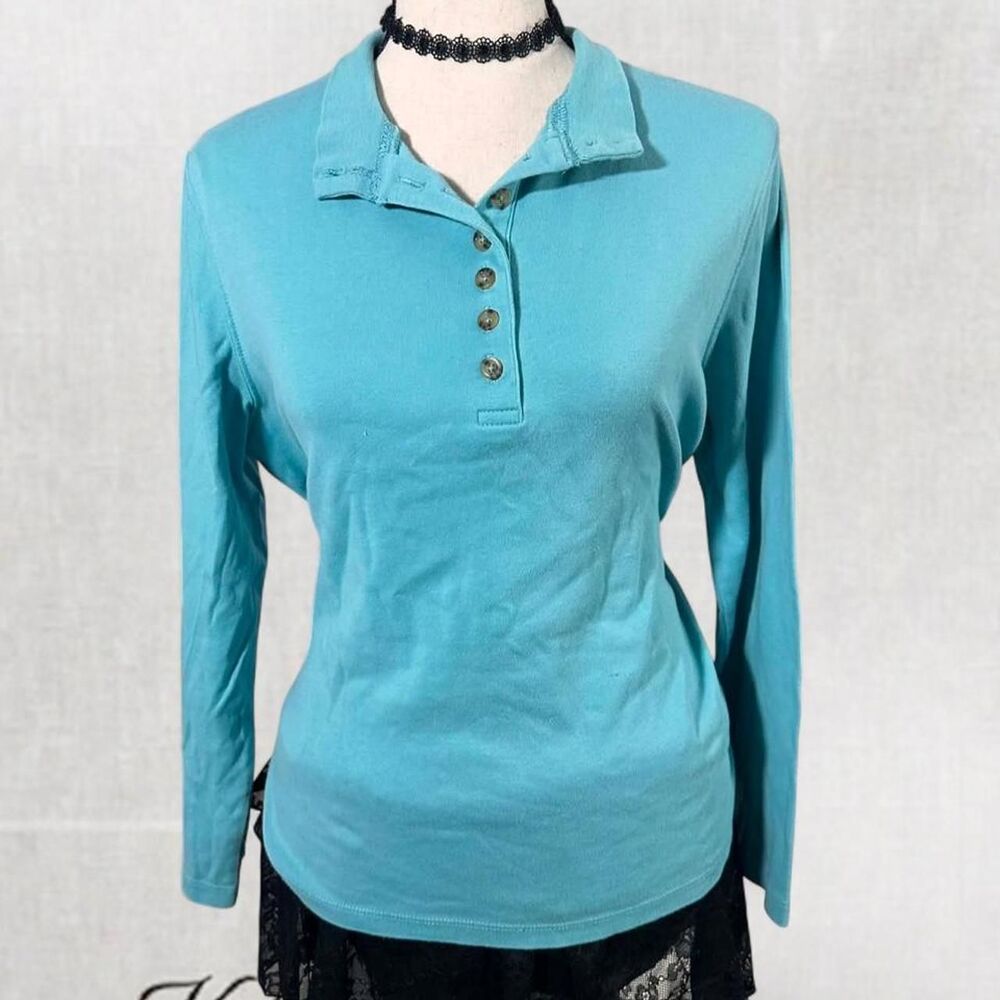 Preppy Casual Blue Quarter Button Up Long Sleeve Polo